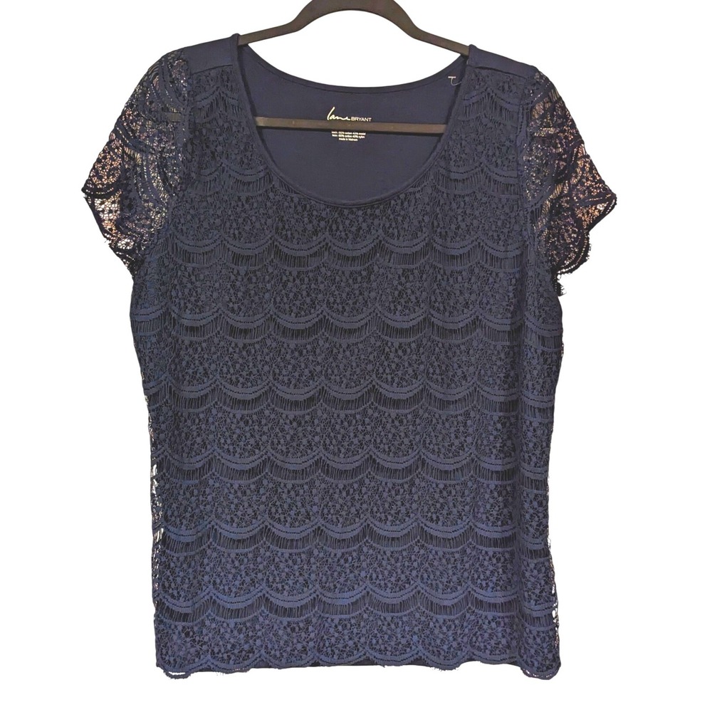 Lane Bryant Plus Size Lace Top‎ Navy Blue Crochet Short Sleeve Blouse 14/16
